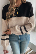 Color Block Knit Striped Sleeve Detail Casual Sweater