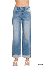 High Rise Cuffed Wide Leg Denim Pants - Zenana