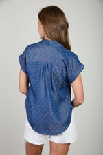 JACQUARD COLLARED SHORT SLEEVE CHAMBRAY TOP