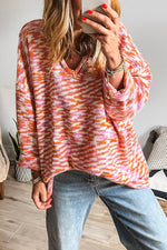 Orange Abstract Print Drop Shoulder V Neck Tunic Oversized Sweater