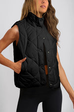 Black Quilted High Neck Button Up Pocket Vest