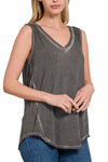 Washed Sleeveless V-neck Top W Hi-low Hem