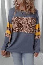 Blue Leopard Colorblock Patchwork Long Sleeve Drop Shoulder Top