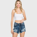 P428RH-DK HIGH RISE STRETCH PATCHED SHORTS W/ FRAYED HEM