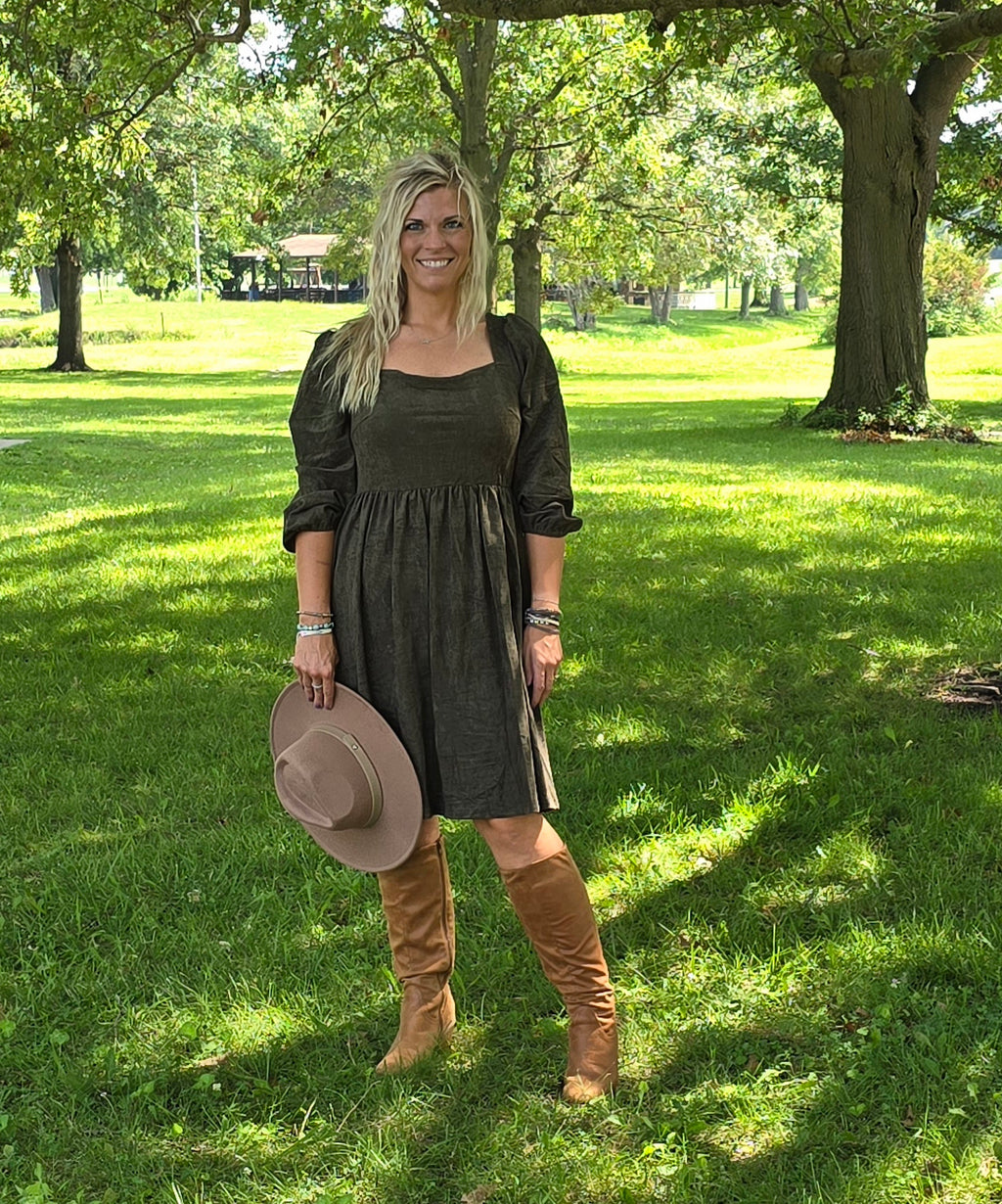 Green Suede Square Neck Puff Sleeve Dress