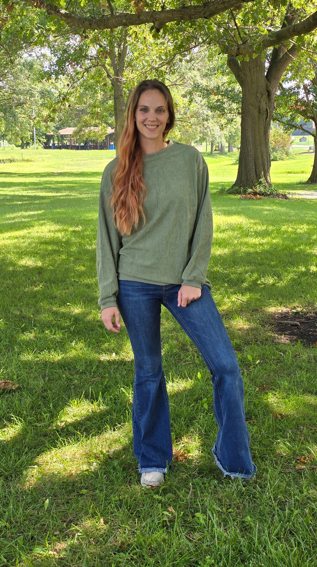 Green Ribbed Corduroy Oversized Sweatshirt