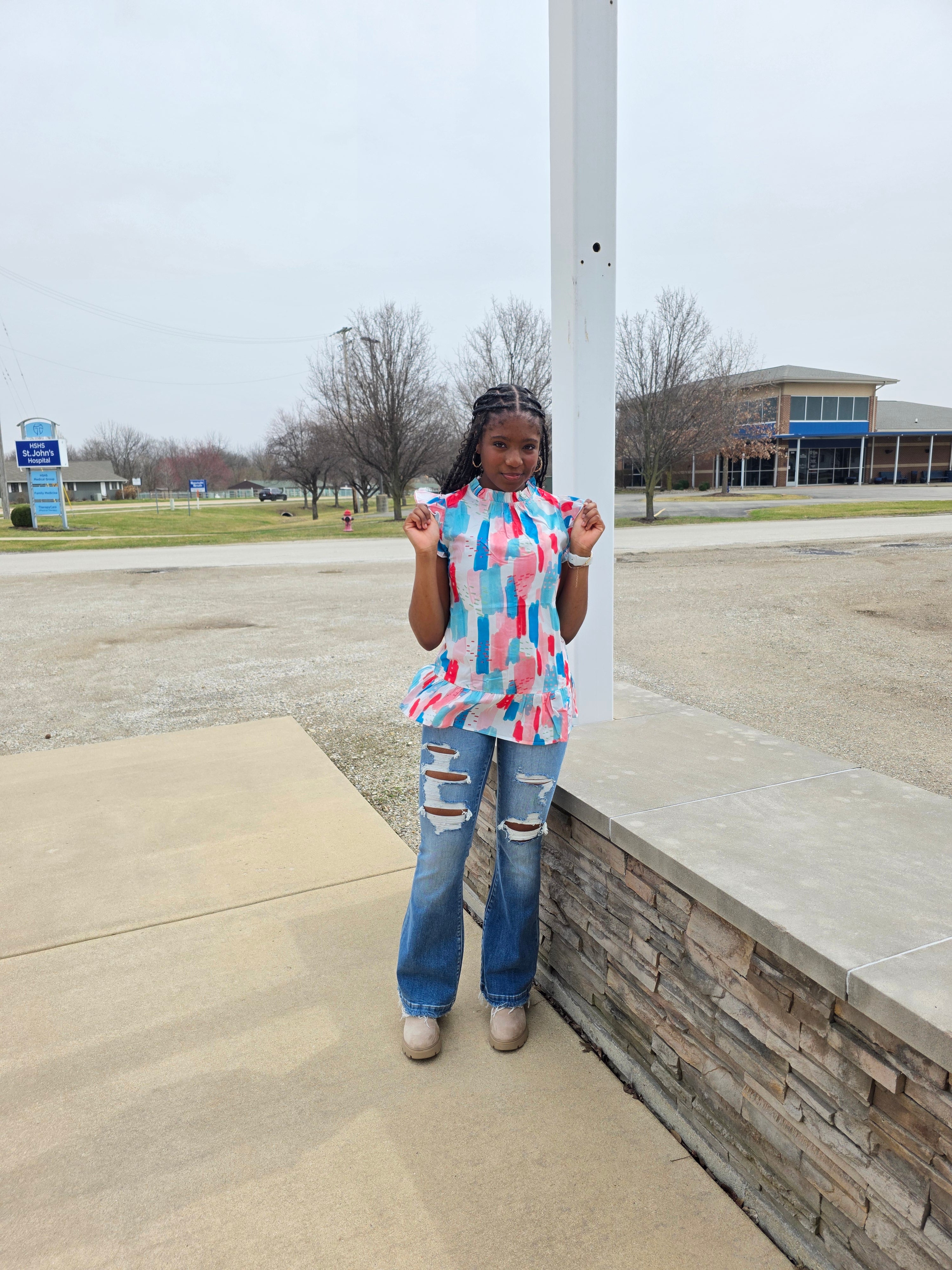 Color Block Ruffled Mock Neck Ruffled Top