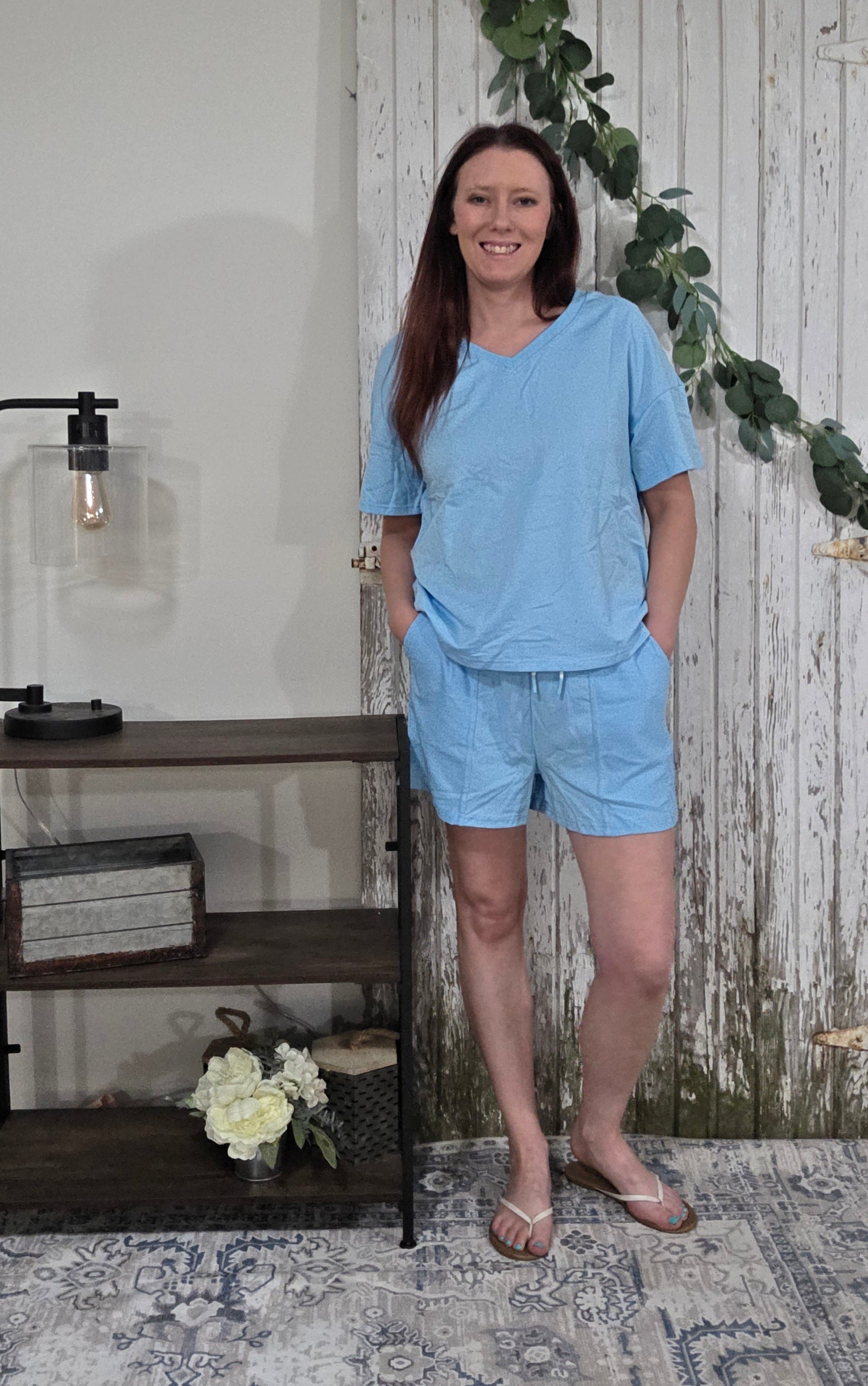V Neck Drop Shoulder Tee and Patchwork Drawstring Shorts Set