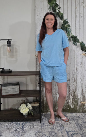 V Neck Drop Shoulder Tee and Patchwork Drawstring Shorts Set