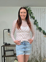 Checkered Pattern Mesh Mock Neck Long Sleeve Top