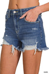 Distressed Hem Dark Wash Denim Shorts