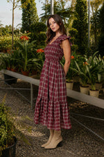 PLAID SMOCKED V NECK BUTTON DOWN RUFFLED MIDI DRES