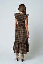 PLAID SMOCKED V NECK BUTTON DOWN RUFFLED MIDI DRES