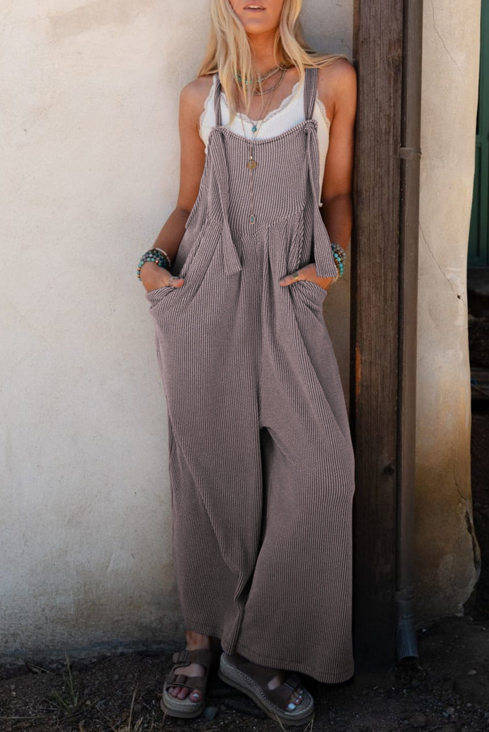 Gray Corded Adjustable Straps Wide Leg Loose Overall