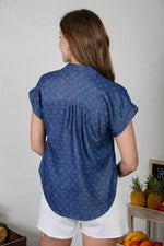 JACQUARD COLLARED SHORT SLEEVE CHAMBRAY TOP
