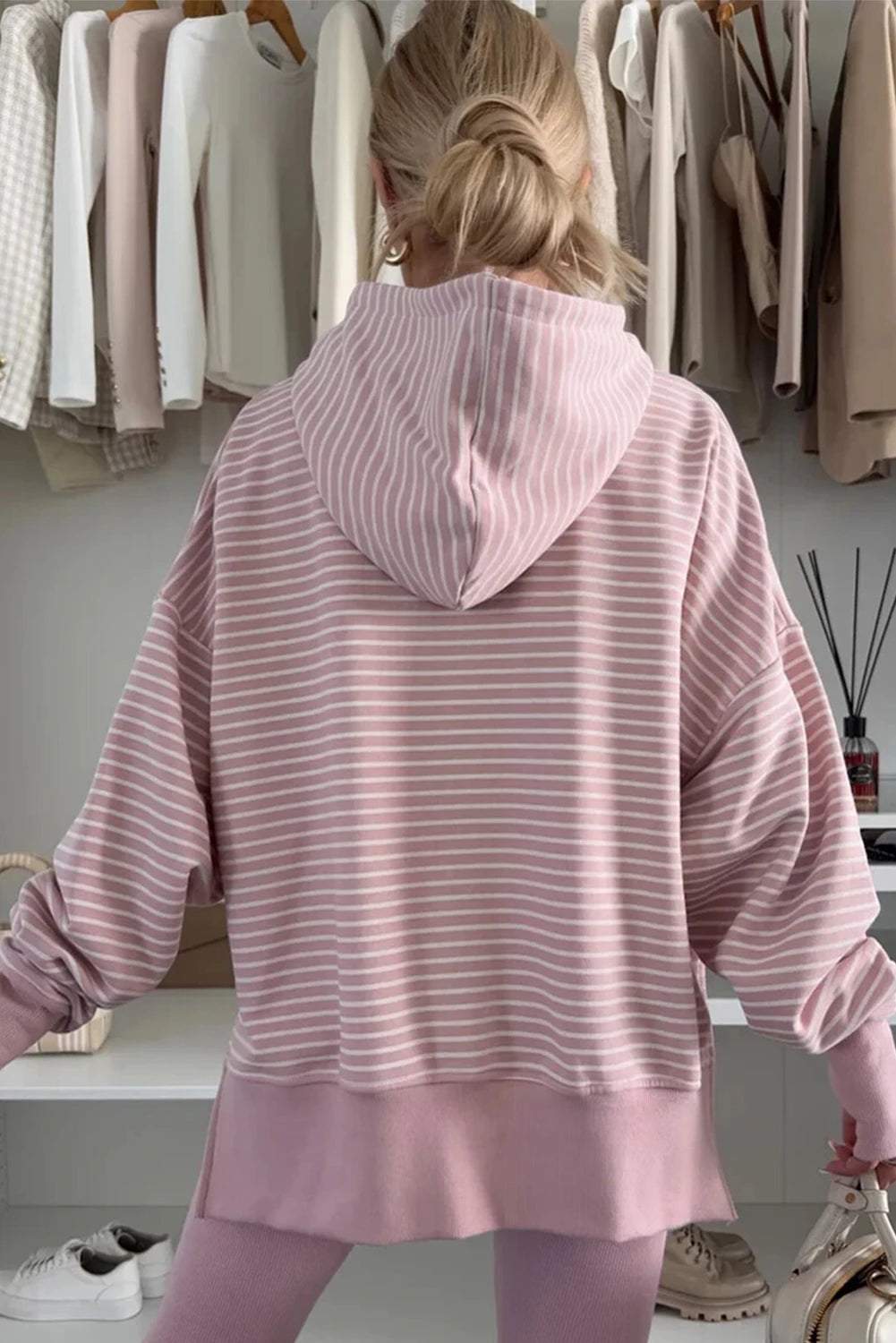 Stripe Thumbhole Side Slits Drop Shoulder Loose Fit Hoodie