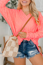 Pink Oversized Floral V Neck Long Sleeve Top