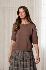 RAW EDGE HALF SLEEVE SWEATER KNIT TOP