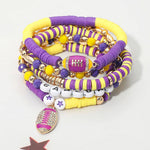 5PCS - GAME DAY Football Charm Heishi Faceted Beaded Stretch Multi Layered Bracelets