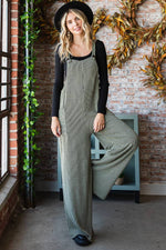Rib Knit Wide Leg Adjustable Strap Overall Jumpsuit J5293