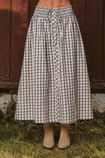 PLAID SMOCKED WAIST BUTTON DOWN MIDI SKIRT