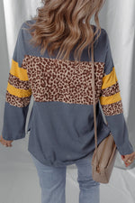 Blue Leopard Colorblock Patchwork Long Sleeve Drop Shoulder Top