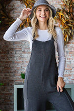 Rib Knit Wide Leg Adjustable Strap Overall Jumpsuit J5293