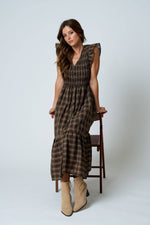 PLAID SMOCKED V NECK BUTTON DOWN RUFFLED MIDI DRES
