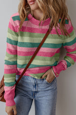 Pink/Green Color Block Ribbed Edge Round Neck Sweater