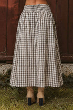PLAID SMOCKED WAIST BUTTON DOWN MIDI SKIRT