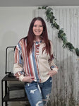 Striped Waffle Patchwork Exposed Seam Raw Edge Casual Knit Top