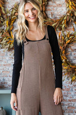 Rib Knit Wide Leg Adjustable Strap Overall Jumpsuit J5293