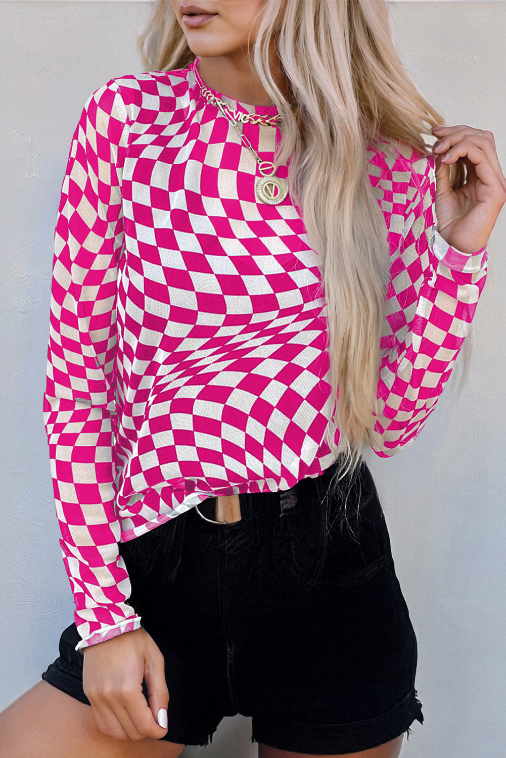 Pink Checkered Pattern Mesh Mock Neck Long Sleeve Top