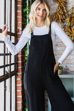 Rib Knit Wide Leg Adjustable Strap Overall Jumpsuit J5293