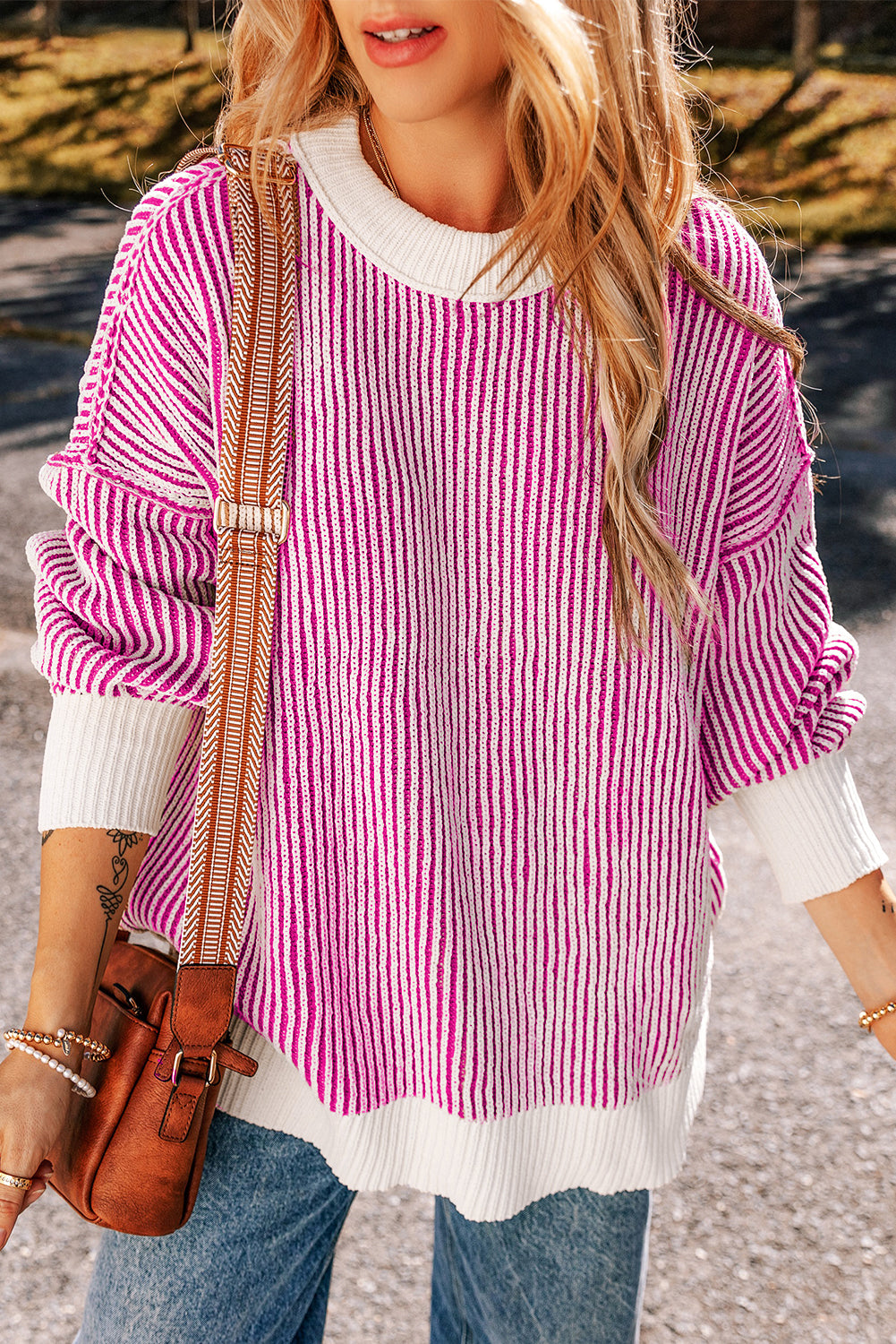 Pink Striped Textured Knit Contrast Edge Loose Sweater