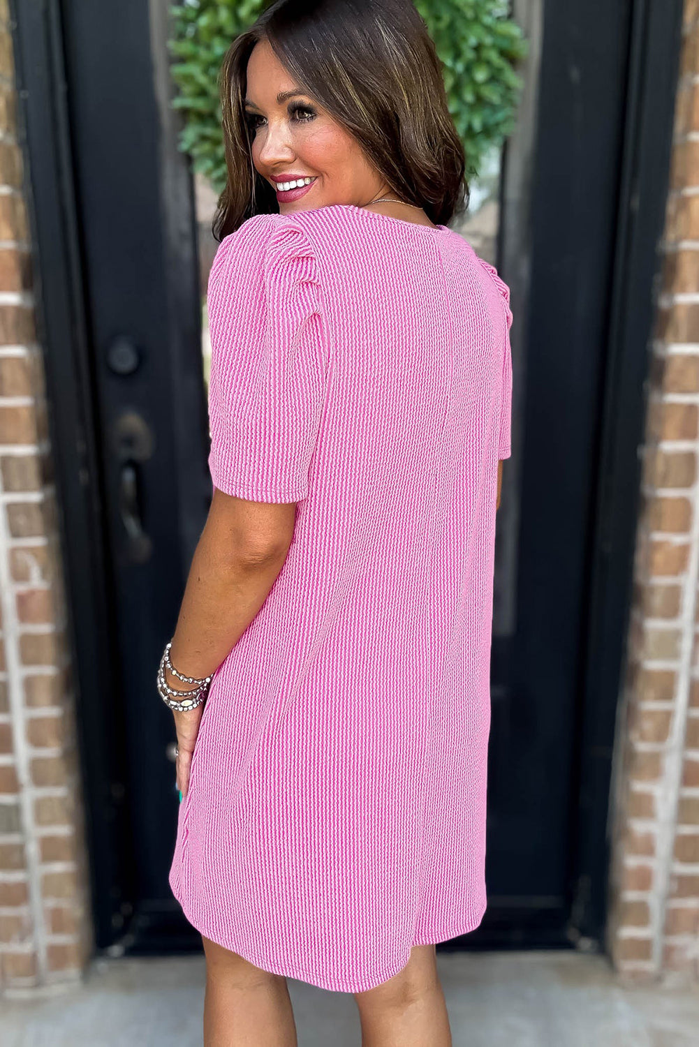 Pink Corded Knit Crew Neck Puff Sleeve Shift Mini Dress