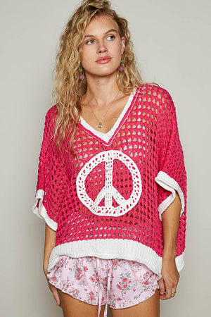 Oversize v-neck short sleeve peace sign sweater POL