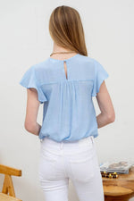 MESH CROCHET YOKE RUFFLE SLEEVE BLOUSE