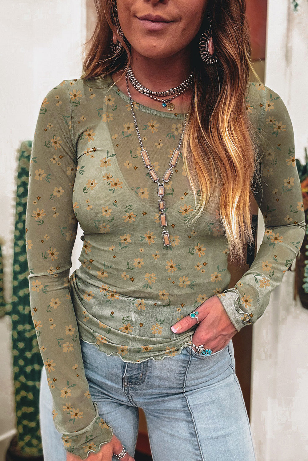 Green Vintage Floral Print Mesh Long Sleeve Top