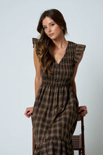 PLAID SMOCKED V NECK BUTTON DOWN RUFFLED MIDI DRES
