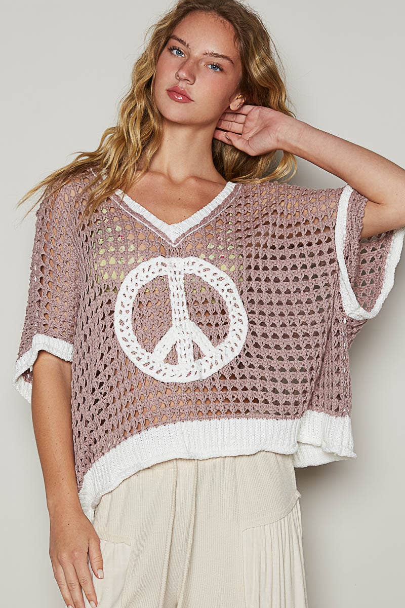 Oversize v-neck short sleeve peace sign sweater POL
