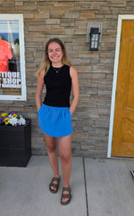 Sky Blue Solid Color Elastic Waist Casual Skort