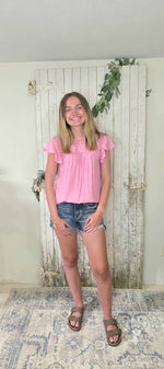 MESH CROCHET YOKE RUFFLE SLEEVE BLOUSE