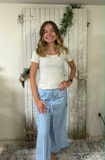 Sky Blue Stripe Drawstring Elastic Waist Patch Pocket Wide Leg Ankle-length Pants