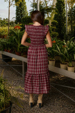 PLAID SMOCKED V NECK BUTTON DOWN RUFFLED MIDI DRES