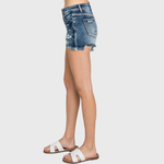 P428RH-DK HIGH RISE STRETCH PATCHED SHORTS W/ FRAYED HEM