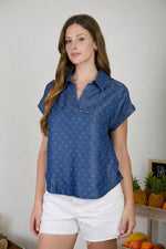 JACQUARD COLLARED SHORT SLEEVE CHAMBRAY TOP
