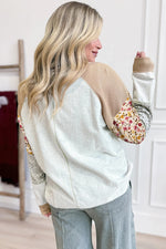 Grey Mixed Print Raglan Sleeve Patchwork Exposed Seam Pullover Top