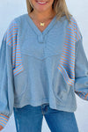 Blue Exposed Seam Waffle Striped Patchwork Baggy Pullover