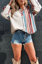 Striped Waffle Patchwork Exposed Seam Raw Edge Casual Knit Top